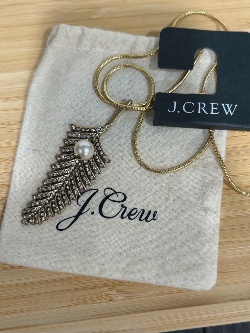 J. Crew Gold Leaf Pendant Long Necklace with Pearl and Crystal Accents
